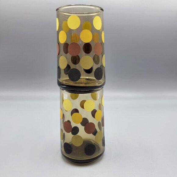 2 Polka Dot Juice Glasses Amber Yellow Brown Black Dots Retro Barware Libbys - Picture 6 of 8